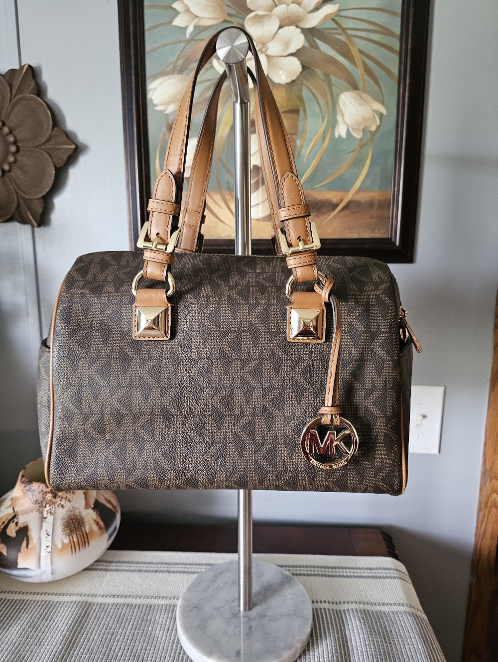 Michael Kors Brown MK Logo Duffel with Tan Trim